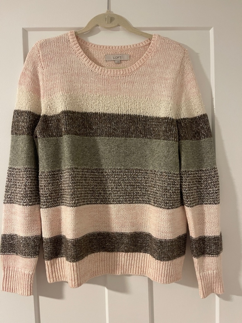 LOFT Striped Crewneck Sweater in Pink, Olive, Brown and Cream